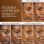 Before and after comparison of flexible coverage with different undertones on a woman's face for shade DG6 