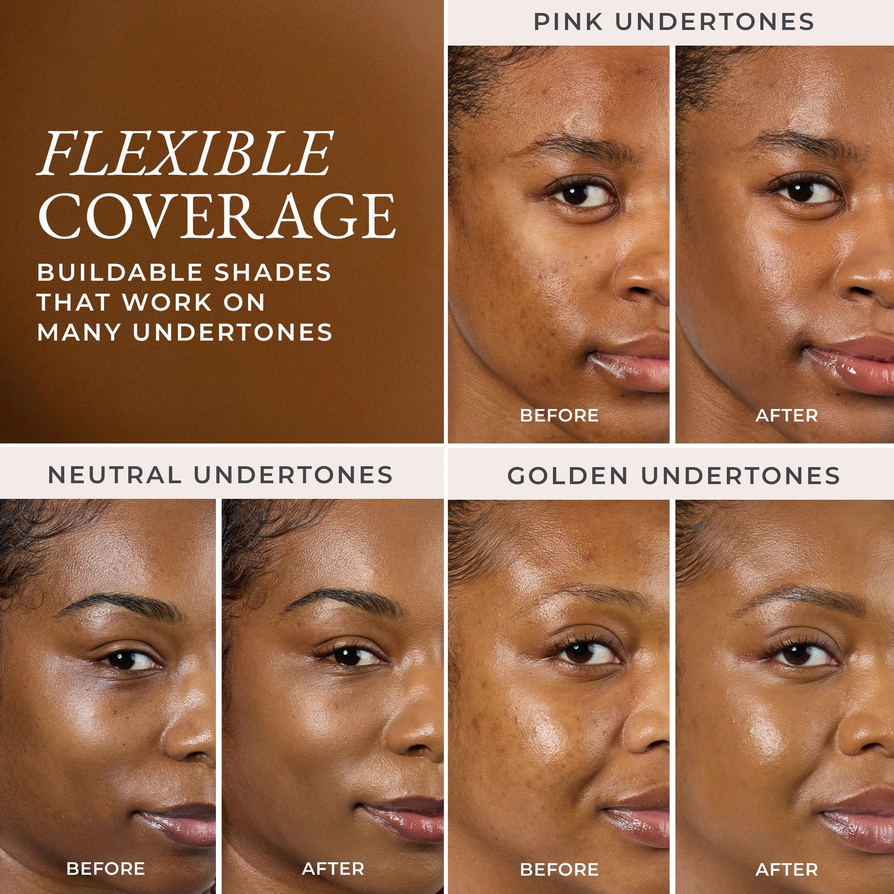 Before and after comparison of flexible coverage with different undertones on a woman's face for shade DG6 