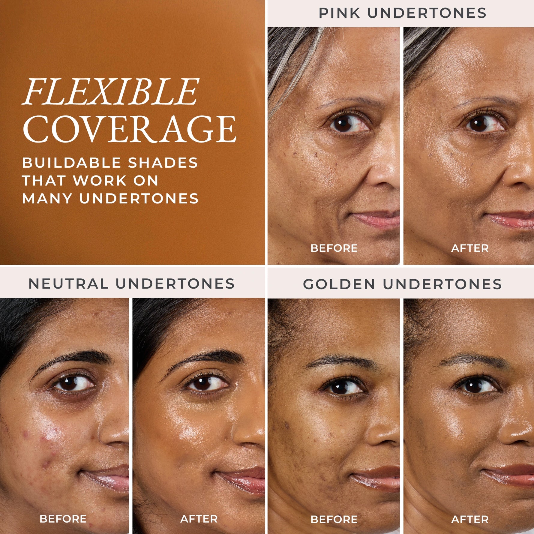 Before and after comparison of flexible coverage with different undertones on a woman's face for shade DP3 