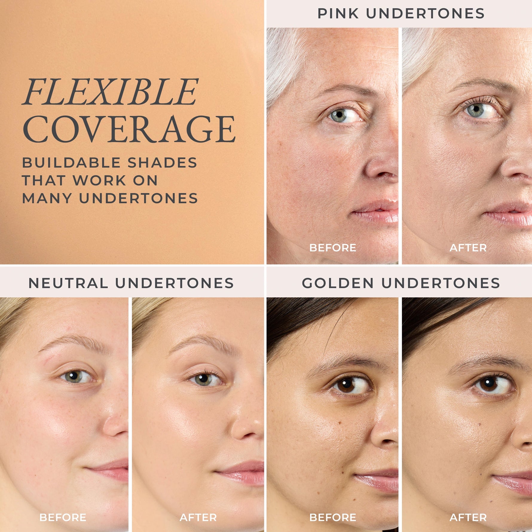 Before and after comparison of flexible coverage with different undertones on a woman's face for shade MN3 