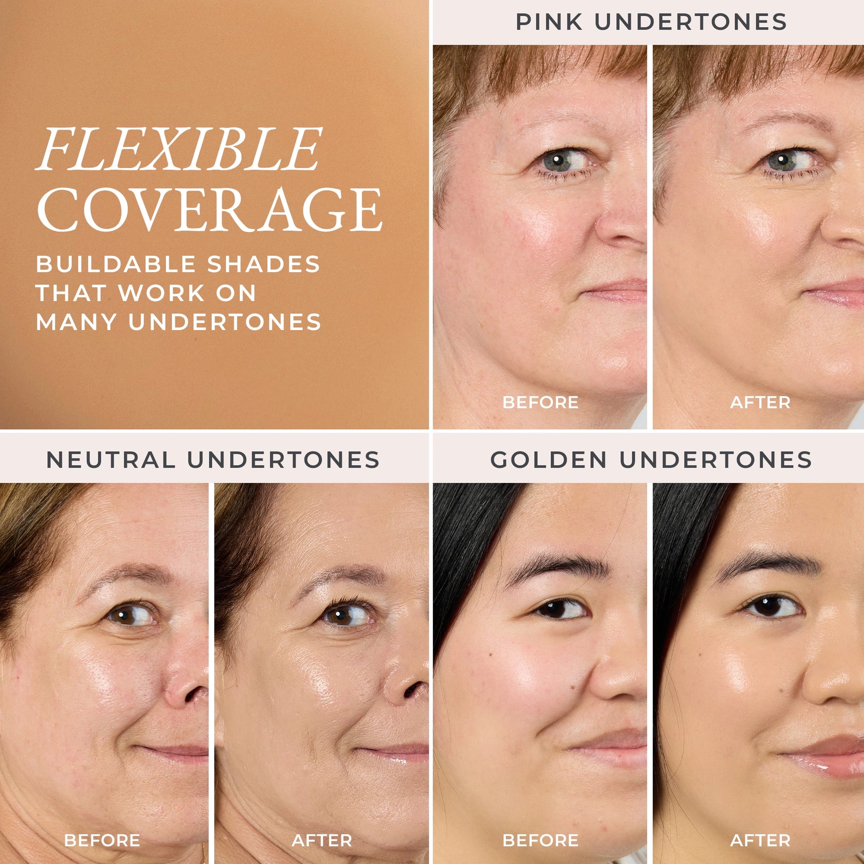 Before and after comparison of flexible coverage with different undertones on a woman's face for shade MN4 