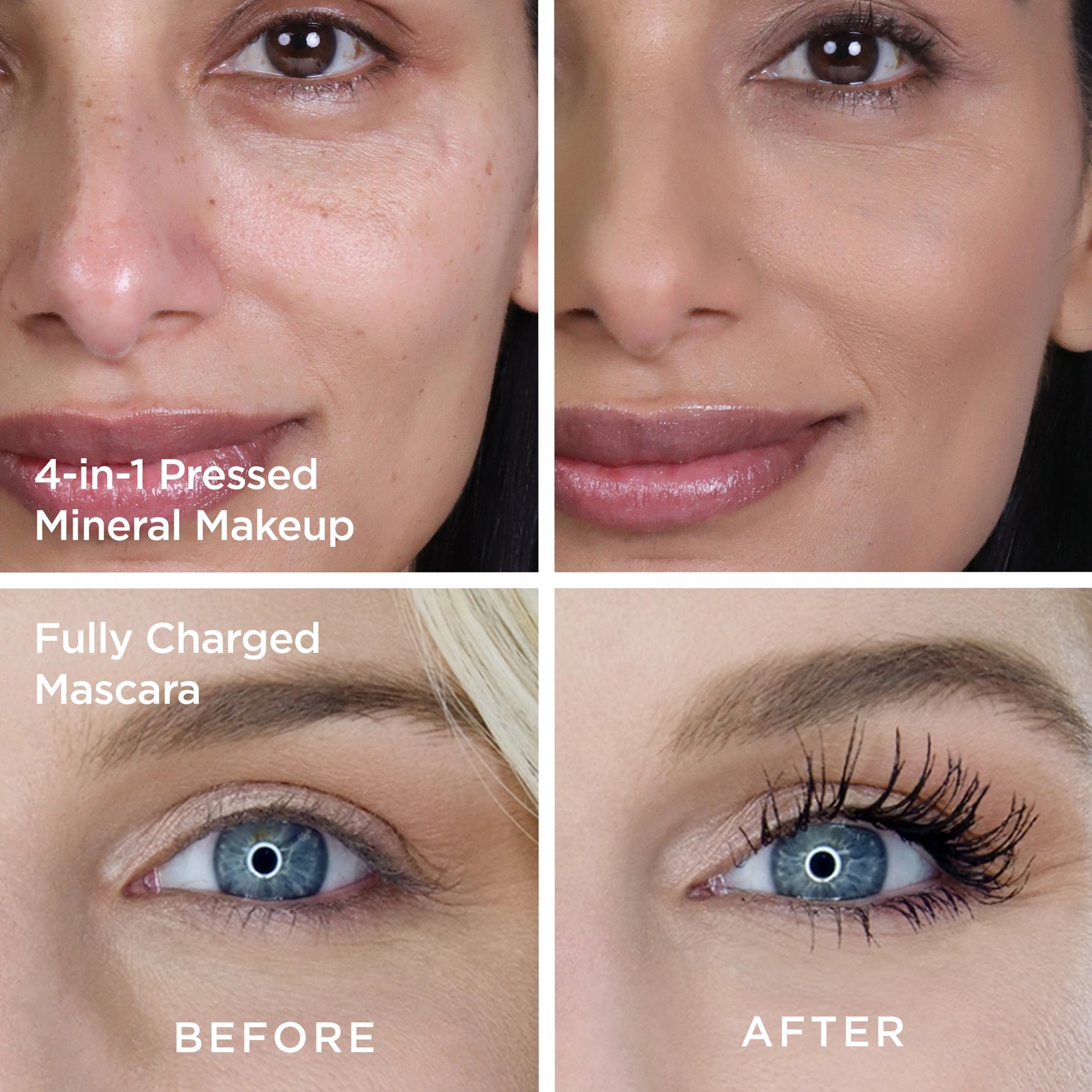 Before and After Image with two models - 4-in-1 Pressed Mineral Makeup and Fully Charged Mascara Combo