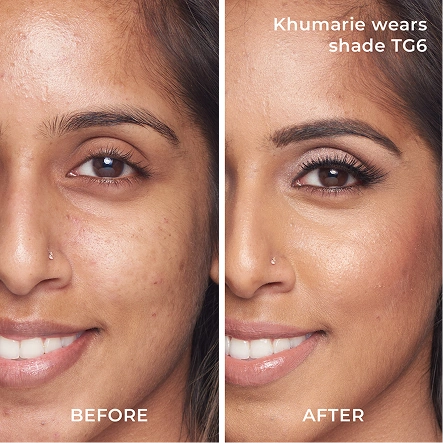 PÜR Find Your Foundation: Before and After of Khumarie wearing shade TG6
