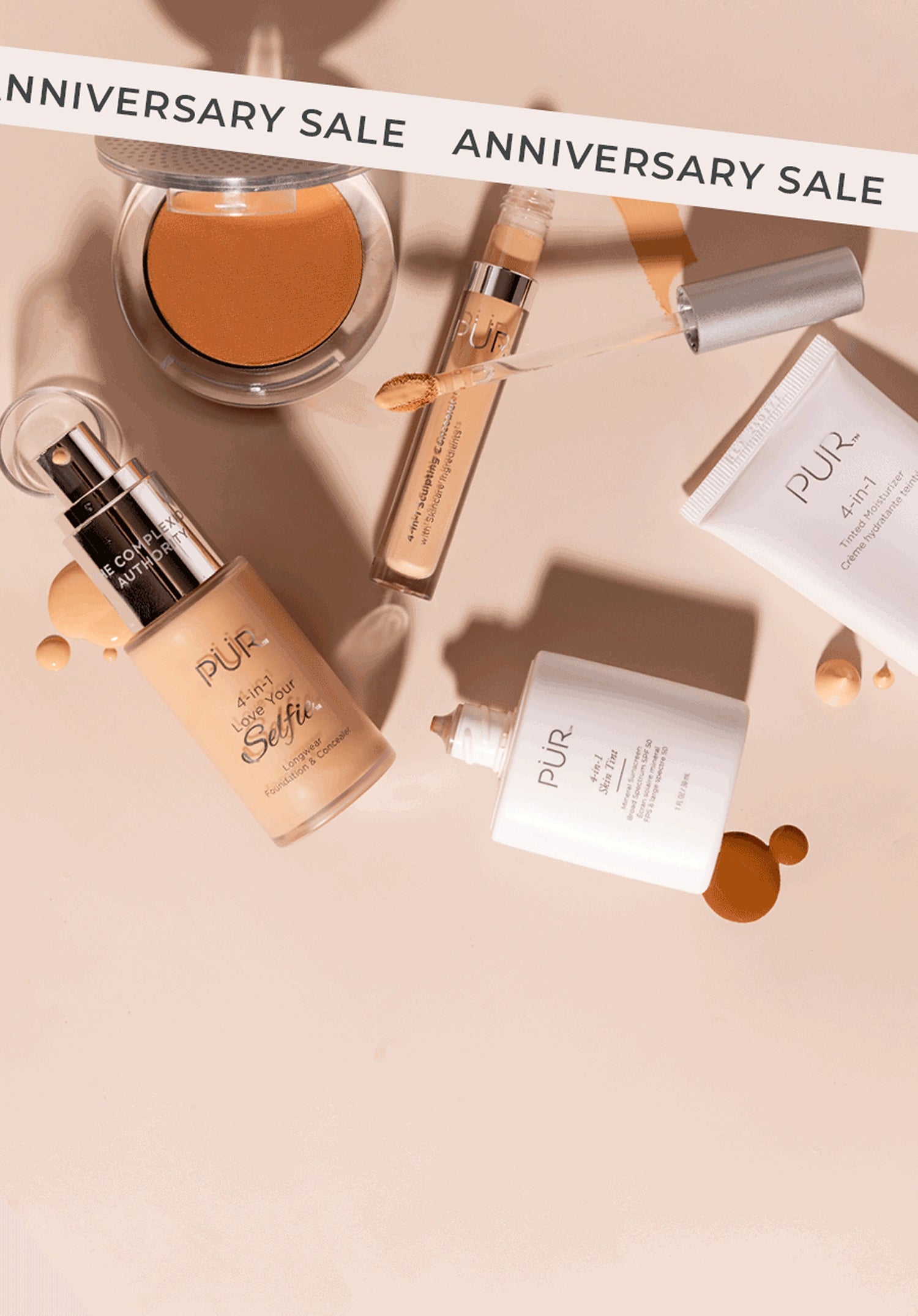 PÜR Anniversary Sale 2026 - 35% Off Sitewide: Various makeup bottles and containers laying against cream background with "Anniversary Sale" banner (mobile)