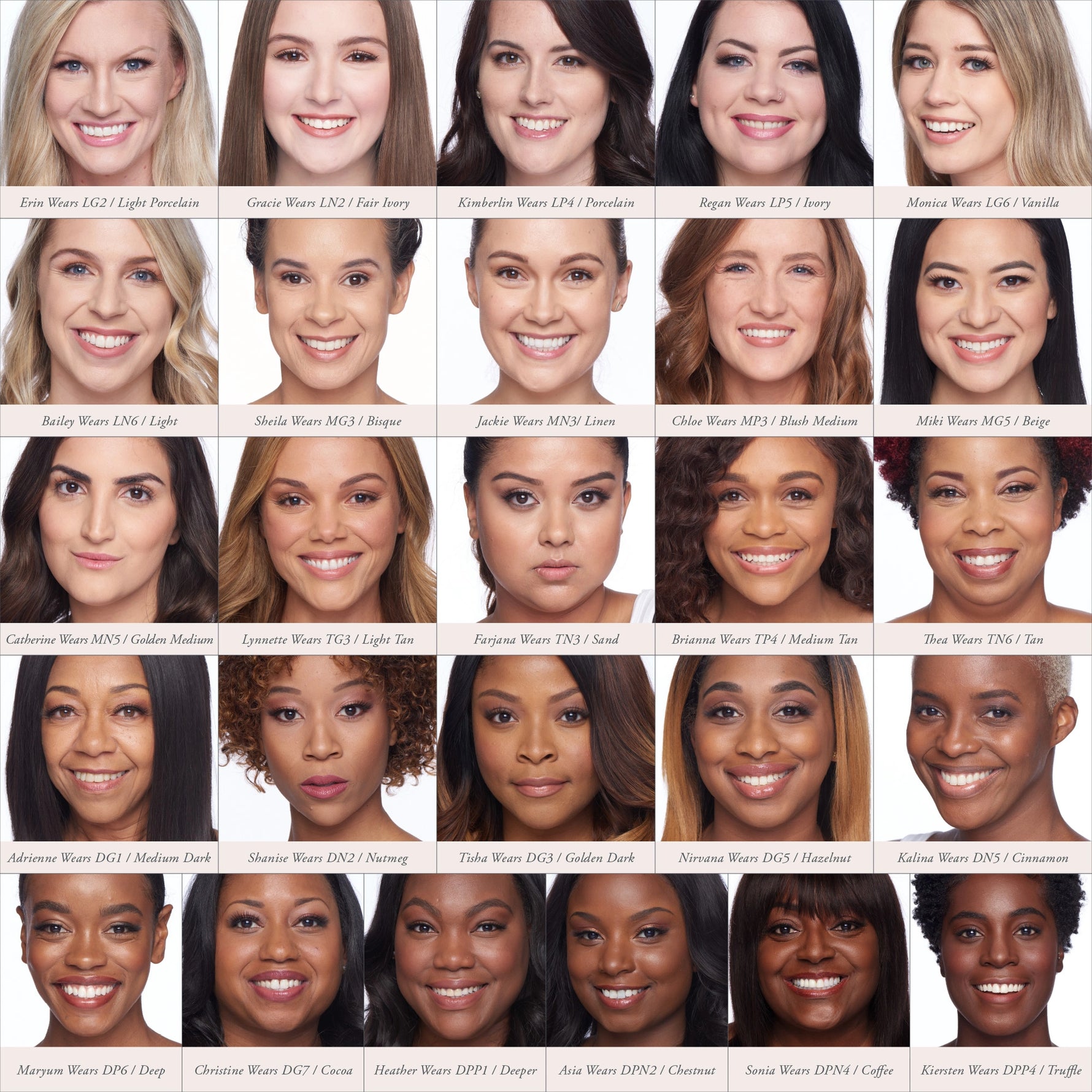 PÜR Complexion Shade Chart with models wearing various available shades
