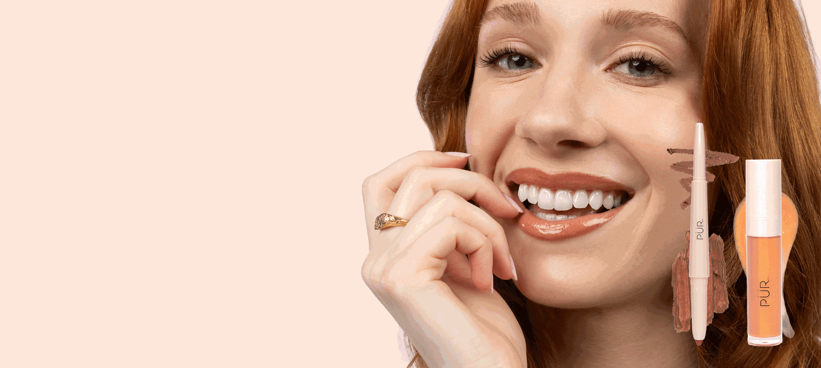 Perfect Lip Bundle - 25% Off: Woman smiling with alternating lip products next to cream background (desktop)