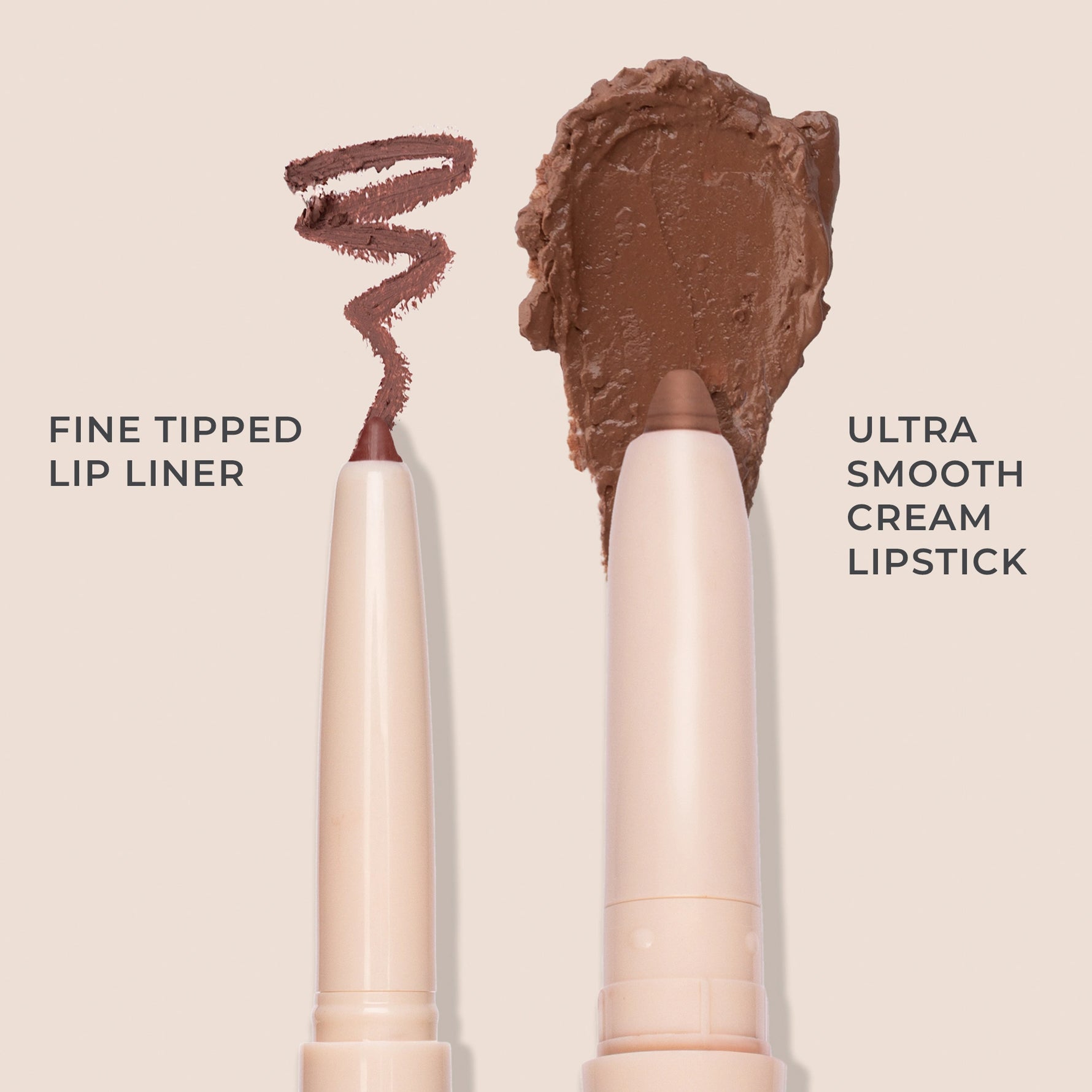 Silky Sculpt - Fine tipped lip liner and ultra smooth cream lipstick, dragging down to reveal swatch on both sides against cream background