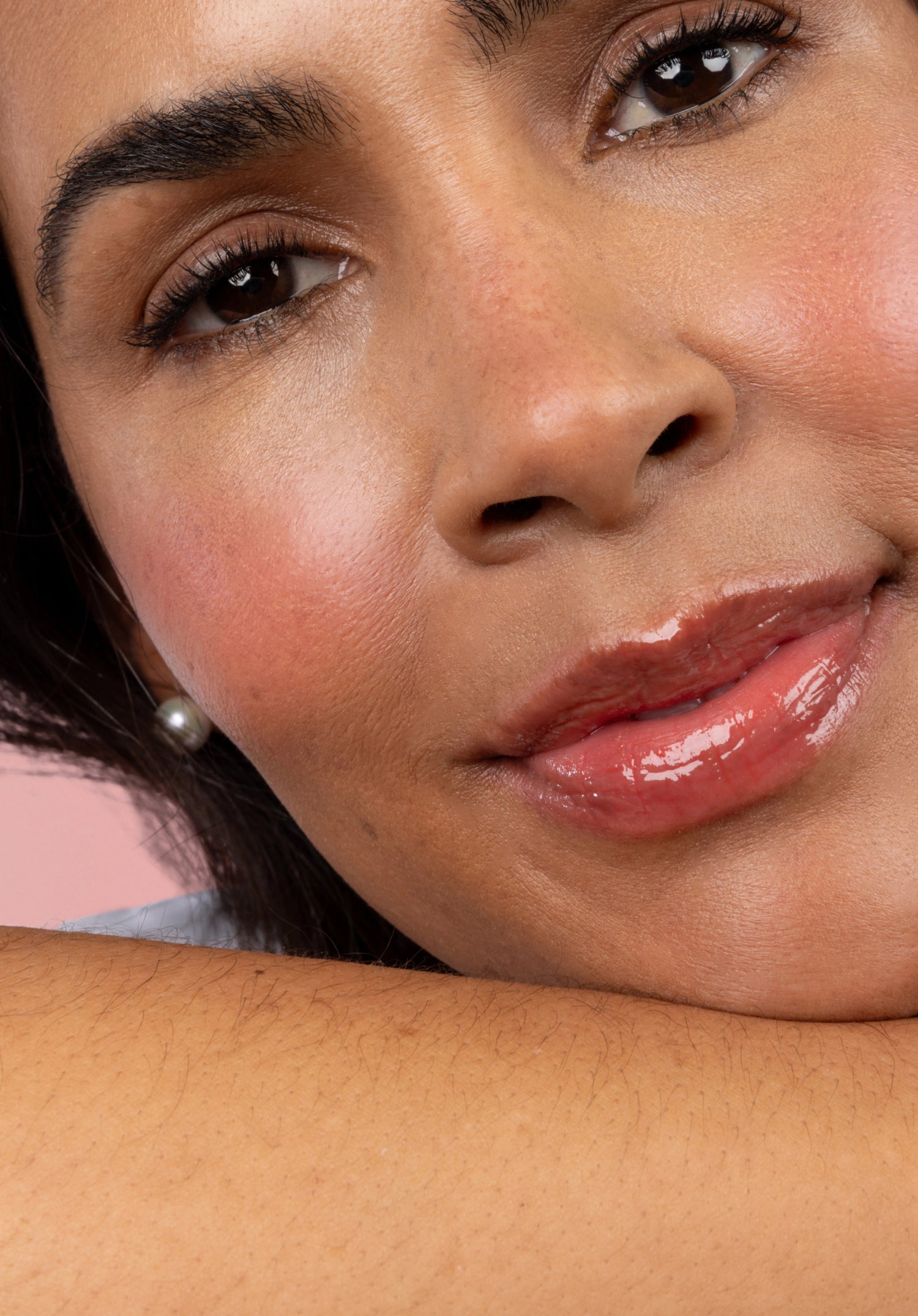 Cherry Blossom -  Close Up Picture of a Model against a light pink background