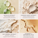 Four-panel ingredient graphic highlighting Alfalfa Extract, Cassava Root Extract, Oat Kernel Extract, and Vitamin E with botanical oils used in Get A Lift Firming Facial Cream.
