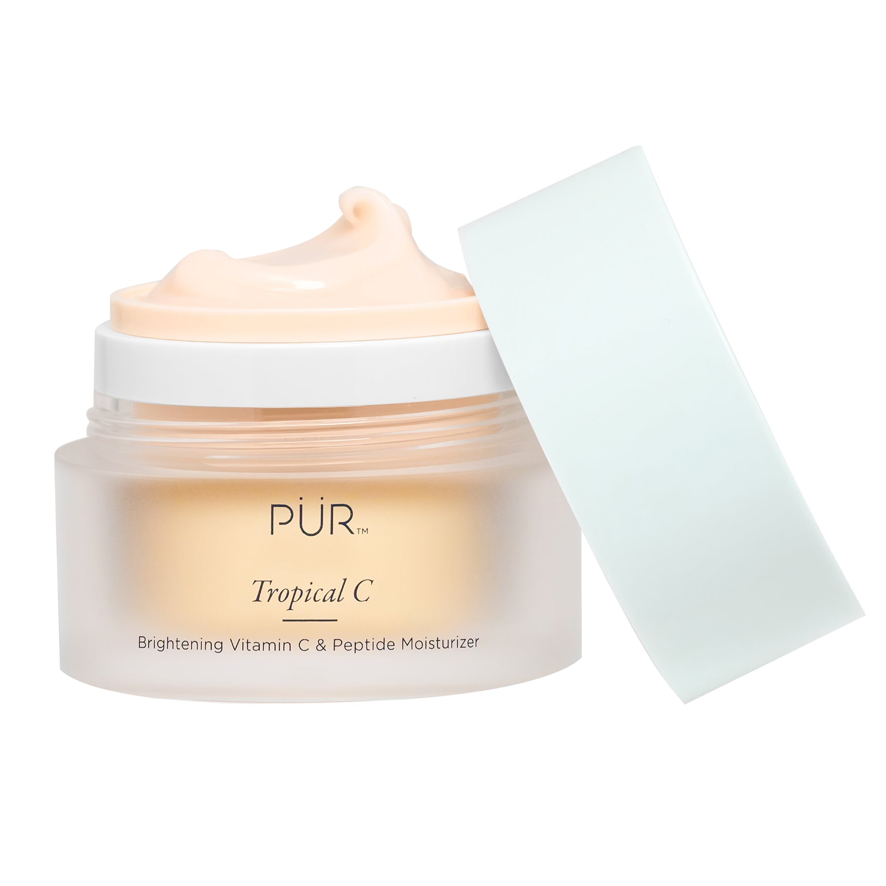 PÜR Tropical C Brightening Vitamin C & Peptide Moisturizer jar with soft peach cream texture and white lid, shown open to reveal the lightweight formula.
