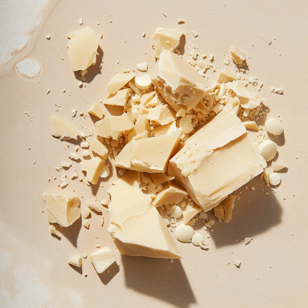 Macro shot of shea butter - blocks crumbled against off white background
