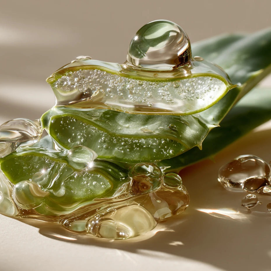 Close up shot of Aloe Vera and Vitamin E laying on a warm light tan background with sunlight and shadows