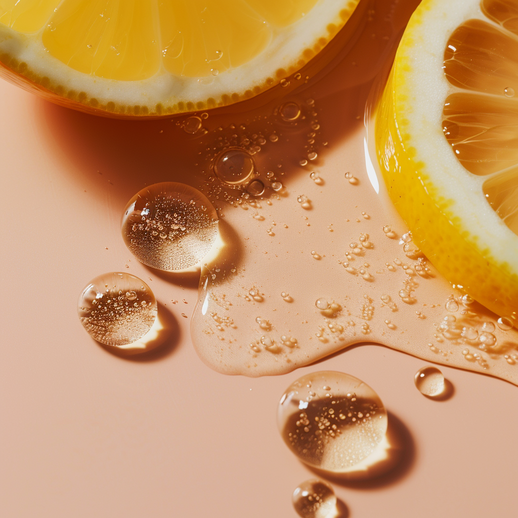 Close Up of Skin Tint Antioxidant and Orange Image against a peach colored background 