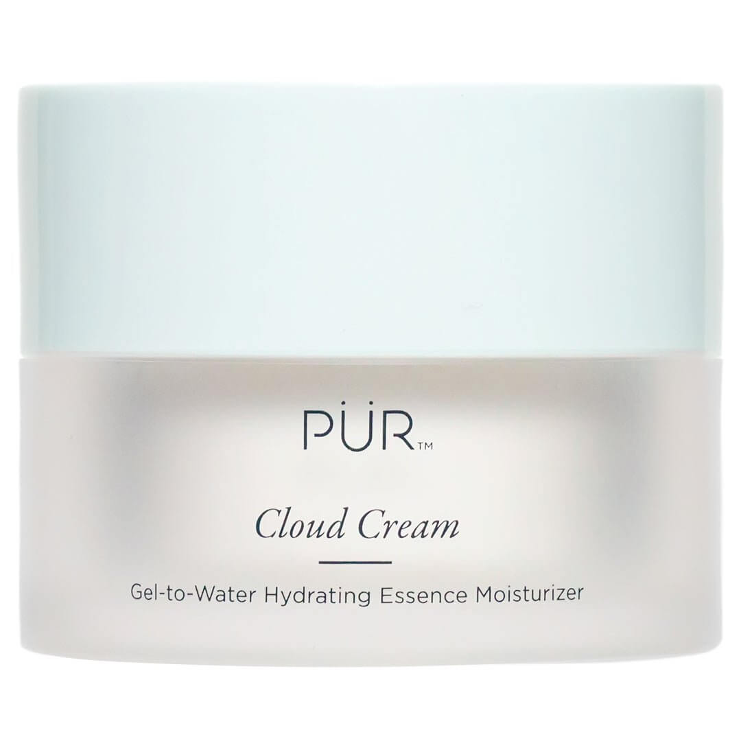 PÜR Cloud Cream Hydrating Essence Moisturizer in a frosted jar with a soft blue lid.